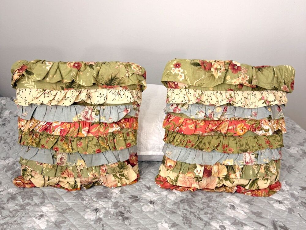 Floral Ruffle Throw Pillows Set of 2 Cottagecore Granny Chic Country 16"